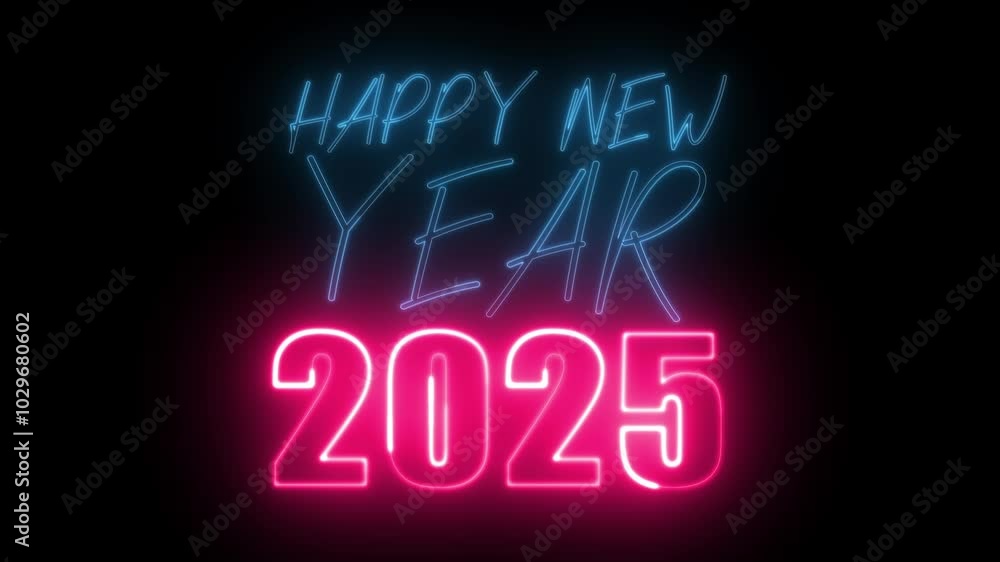Poster happy new year 2025 text font with light. luminous and shimmering haze inside the letters of the tex