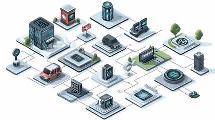 Complex Network Infrastructure Connects Futuristic City Elements in Isometric View
