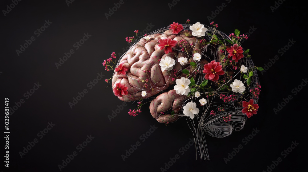 Poster creative design of brain adorned with vibrant flowers, symbolizing connection between nature and int