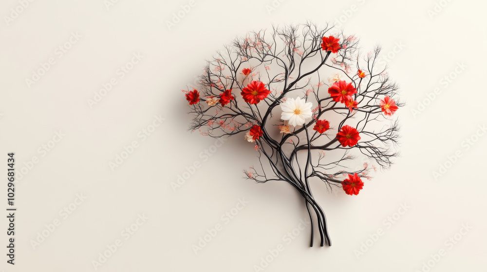 Poster beautiful artistic representation of tree made from black branches adorned with vibrant red and whit