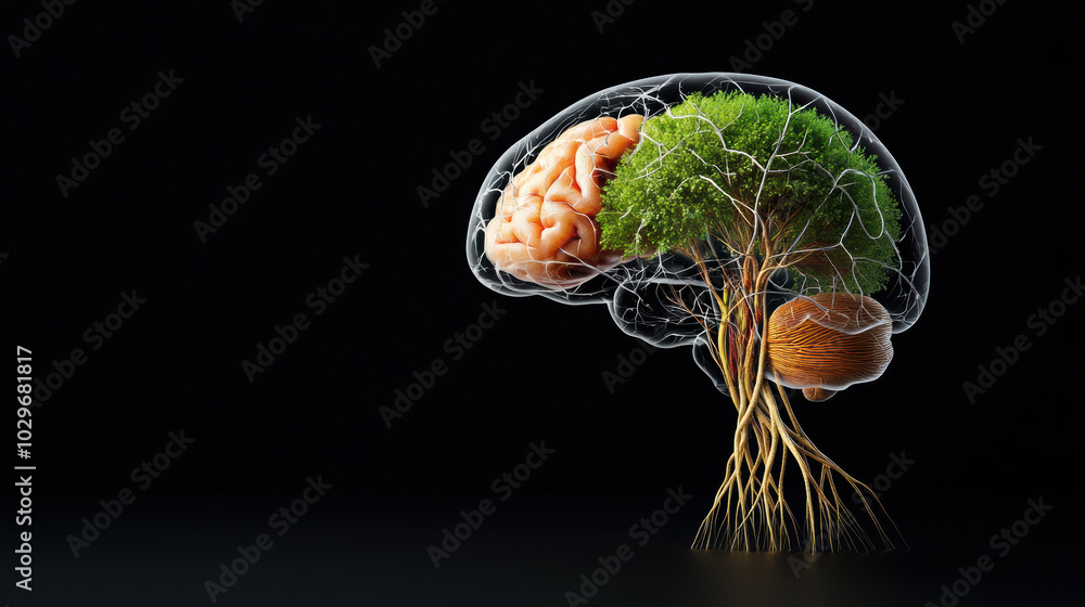 Poster artistic representation of brain intertwined with tree roots, symbolizing connection between nature 