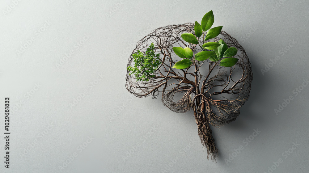 Poster creative representation of brain formed by tree roots and leaves, symbolizing connection between nat