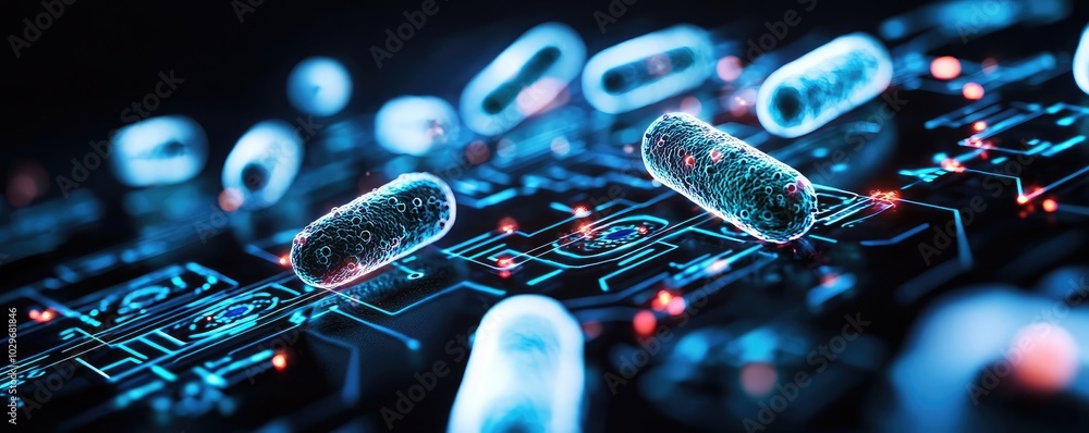 Poster microbes and circuits, digital technology abstract background.