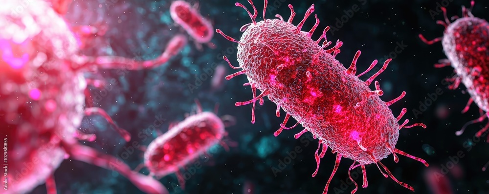 Poster microscopic view of colorful bacteria with a dark background.