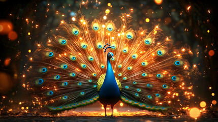 Peacock Displays Its Feathers with Sparkling Lights in a Dark Setting