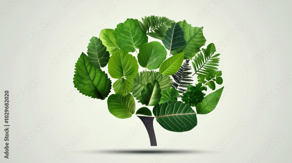 Aufkleber creative illustration of brain formed entirely from various green leaves, symbolizing nature and gro