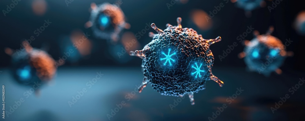 Poster microscopic view of cells with blue glowing elements, dark background