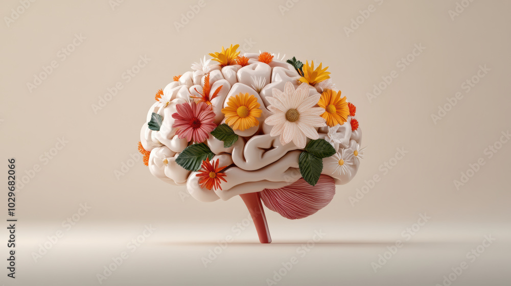Poster creative representation of brain adorned with colorful flowers, symbolizing connection between natur