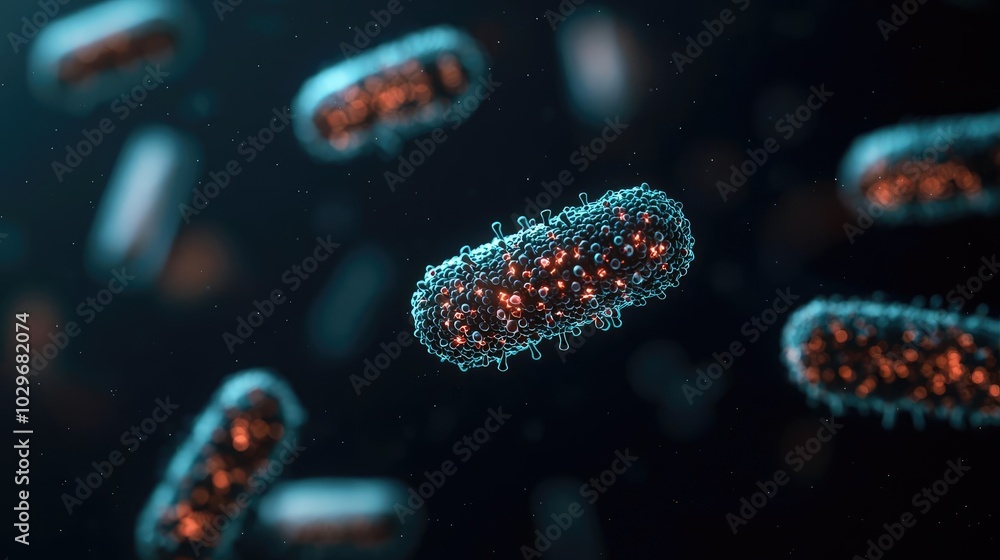 Poster microscopic view of bacteria on a dark background, showcasing structure and detail.