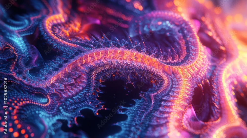 Poster abstract background with glowing neon colors and fractal patterns.