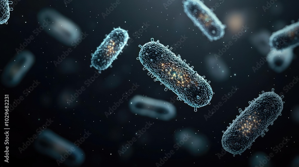 Poster microscopic bacteria on a dark background, showcasing intricate cellular structures.