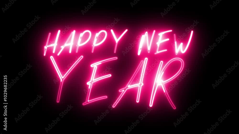 Poster happy new year neon sign. happy new year text font with light. luminous and shimmering haze inside t