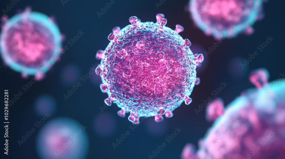 Poster close-up of virus particles on a dark background, highlighting intricate structures.
