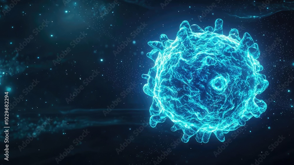 Poster abstract representation of a virus with glowing blue particles, dark background.