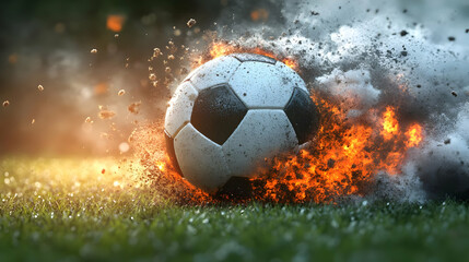 Fototapeta premium Soccer Ball Exploding in Flames and Smoke on Green Grass Field - 4K Abstract Background Animation
