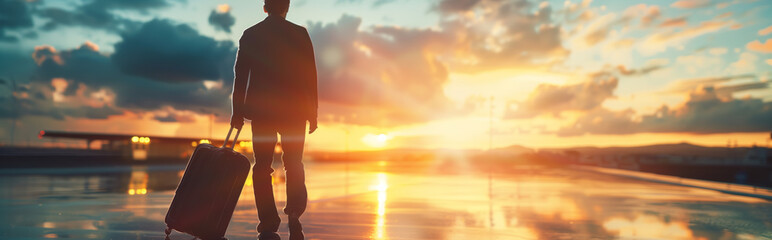 Fototapeta premium Business Traveler Walking with Suitcase Against Beautiful Sunset at Airport - Business Travel Concept