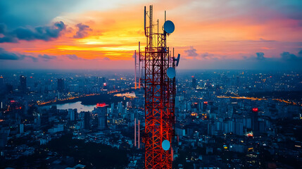 Telecommunication Tower Stands Tall Over an Illuminated Cityscape at Sunset