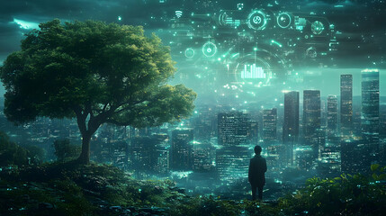 Obraz premium Silhouetted Figure Observes Futuristic Cityscape with Data Visualizations Overlaid at Nighttime