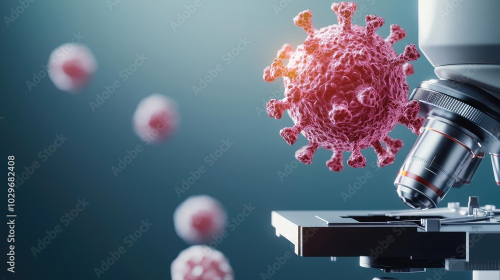 Poster microscope explores virus, showcasing intricate structures with blurred background.