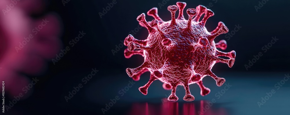 Poster 3d representation of a virus on a dark background, illustrating pathogen detail.