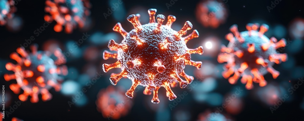 Poster Microscopic view of virus with red spikes on a dark background.