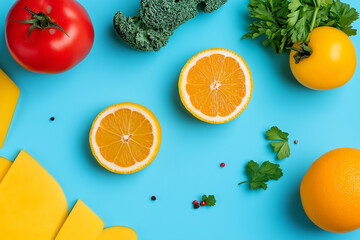 Flat lay of fresh orange slices, tomatoes, and leafy greens on a vibrant blue background.