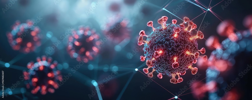 Poster Microscopic view of virus structure with red and blue colors, white isolate background.