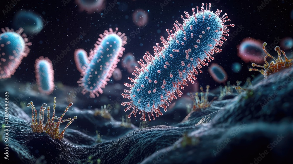 Poster microscopic view of colorful bacteria on a dark background.