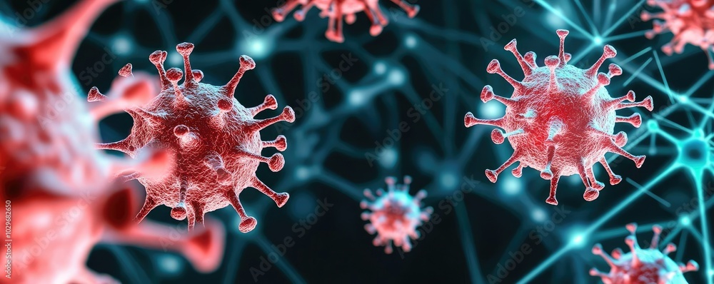 Poster Close-up of virus particles on a dark background showcasing intricate structures.