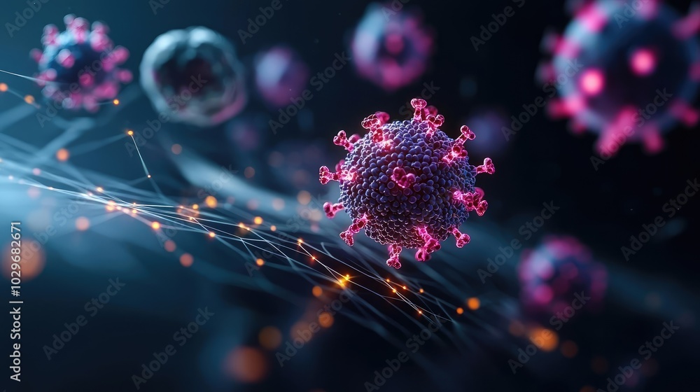 Poster colorful virus cells in a microscopic view on a dark background.