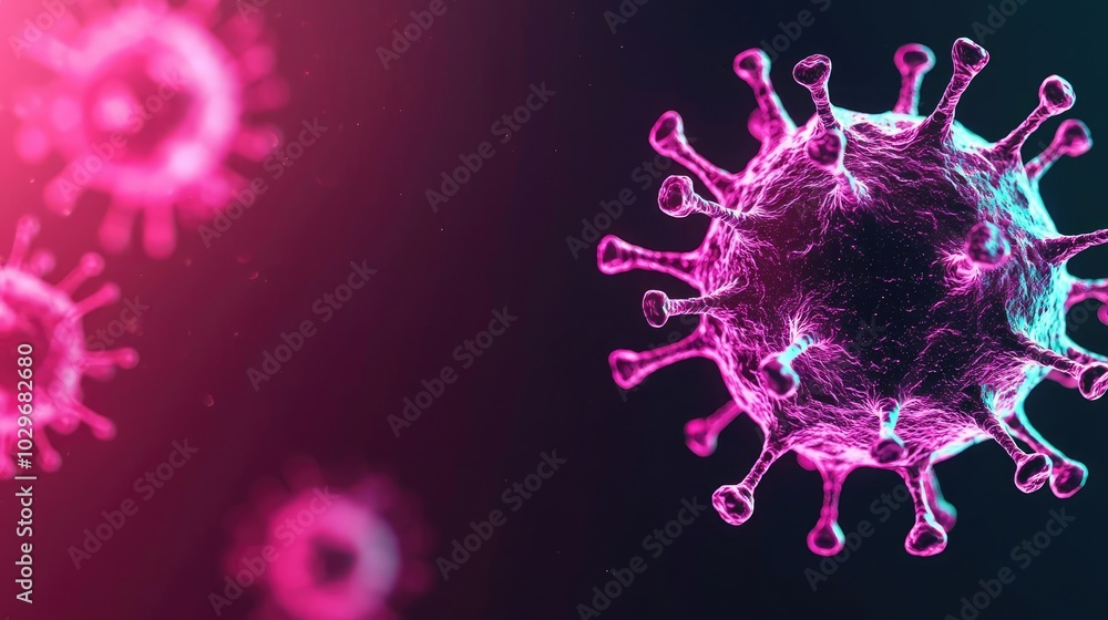 Aufkleber digital illustration of a virus on a dark background with glowing elements.