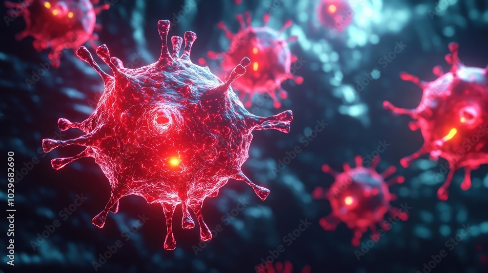 Poster close-up view of virus particles with red and blue lighting effects.