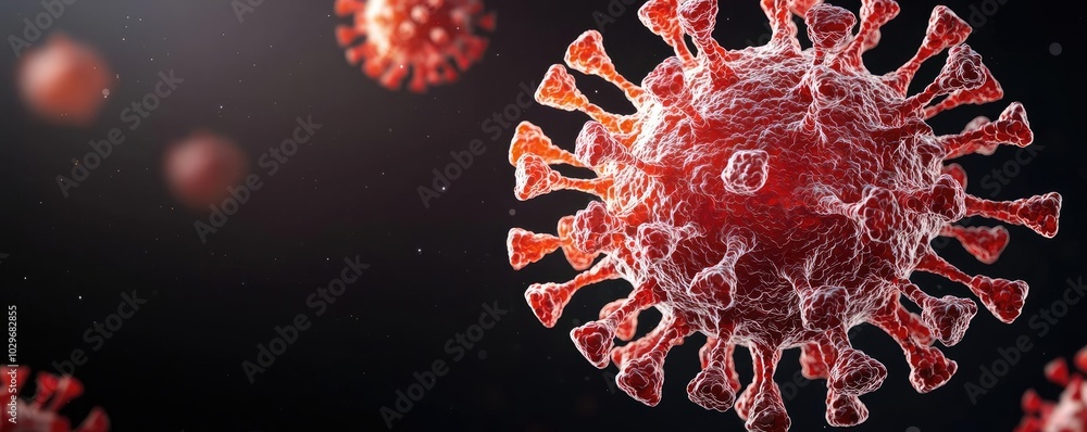 Poster 3d rendering of coronavirus particles on a dark background