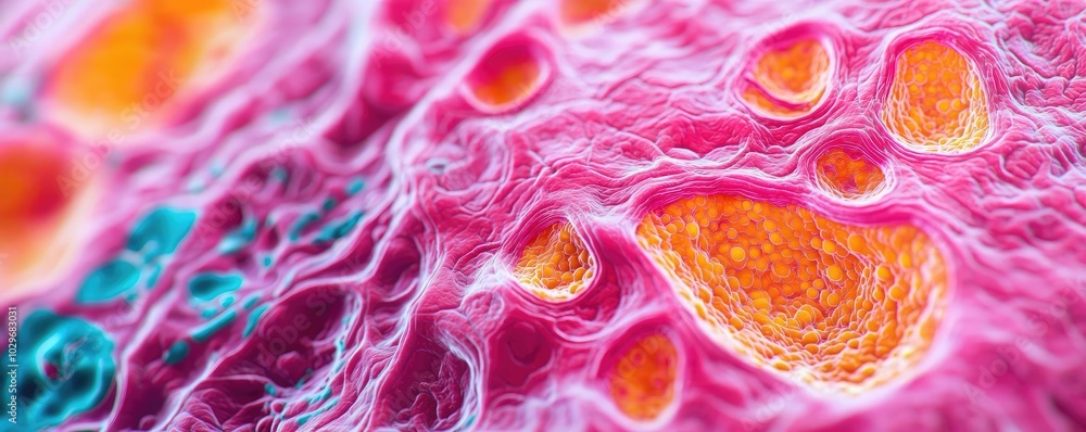 Poster colorful close-up of vibrant cellular structures on a white background.
