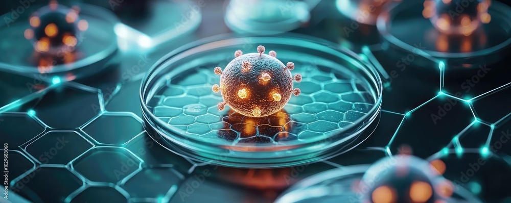 Poster 3D rendering of virus cells in a scientific setting with glowing elements.