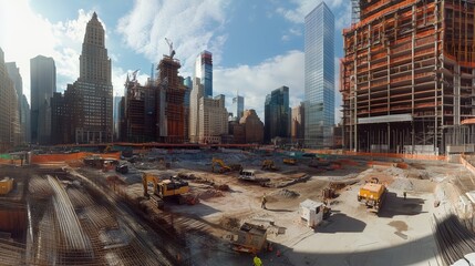 Construction site in an urban setting with cranes, machinery, and skyscrapers under a blue sky during daylight hours