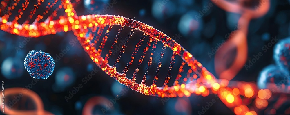 Poster close-up of glowing dna strands in a dark background with cells.