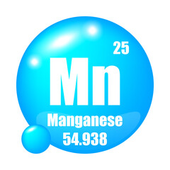 Manganese element icon. Mn atomic symbol. Atomic number 25. Atomic mass 54.938.