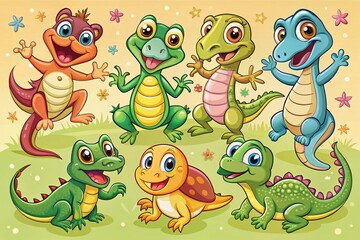Obraz premium Aerial View of Cartoon Reptiles with Humorous Text for Vector Minimal Illustration