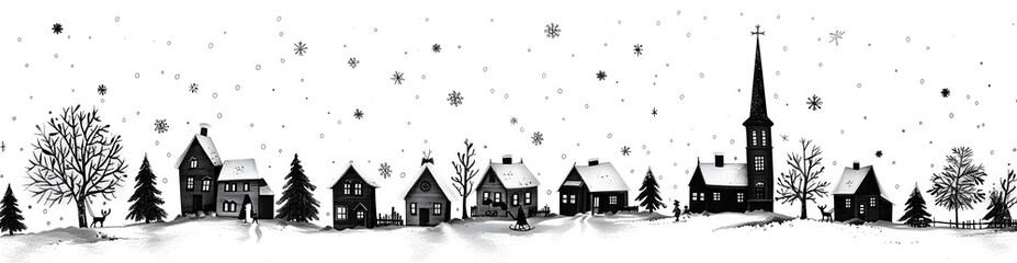 black line art of a row of small-town houses, with snow falling and Christmas trees 