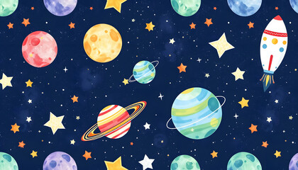 Naklejka premium seamless pattern with space, stars, planets, cute watercolor childrens illustration isolated with white highlights, png