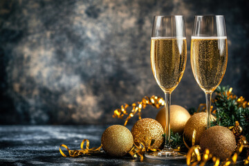 Two champagne glasses with Christmas ornaments on dark background.