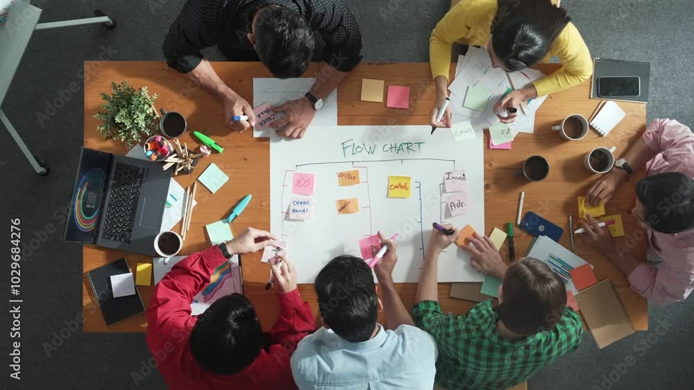 Poster top view of smart business man put scrum board on table at meeting room while marketing team prepari