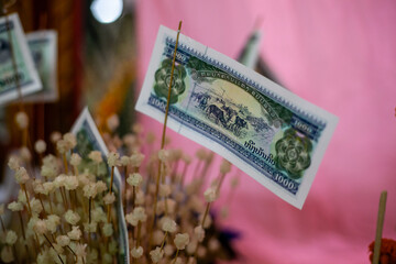 1000 kip banknote. Kip is the national currency of Laos in 2011. Image with soft focus.
