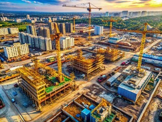 Fototapeta premium Aerial View of Dynamic Construction Site with Heavy Machinery and Materials