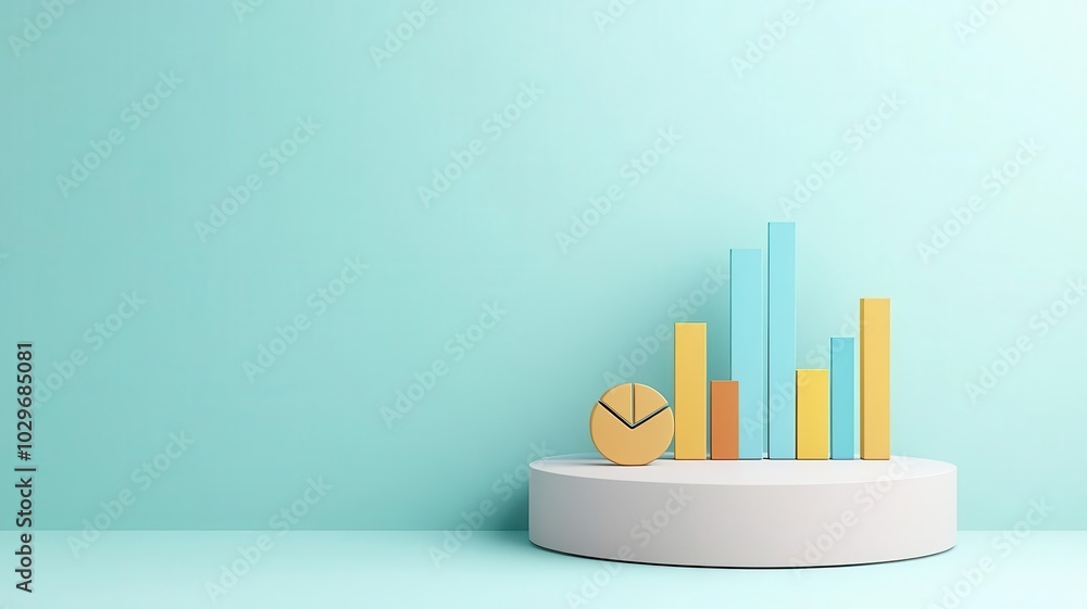 Poster a colorful representation of bar and pie charts on a pedestal, showcasing data visualization and ana