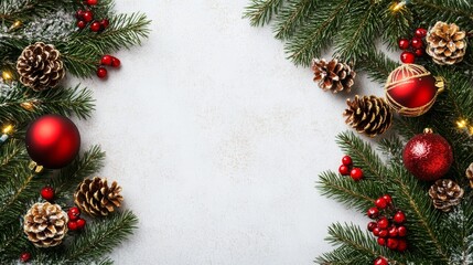 Christmas card with fir branches and Christmas decorations. Copy space.