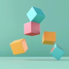 Colorful geometric cubes float in mid-air against a soft turquoise background, creating a playful and modern visual composition.