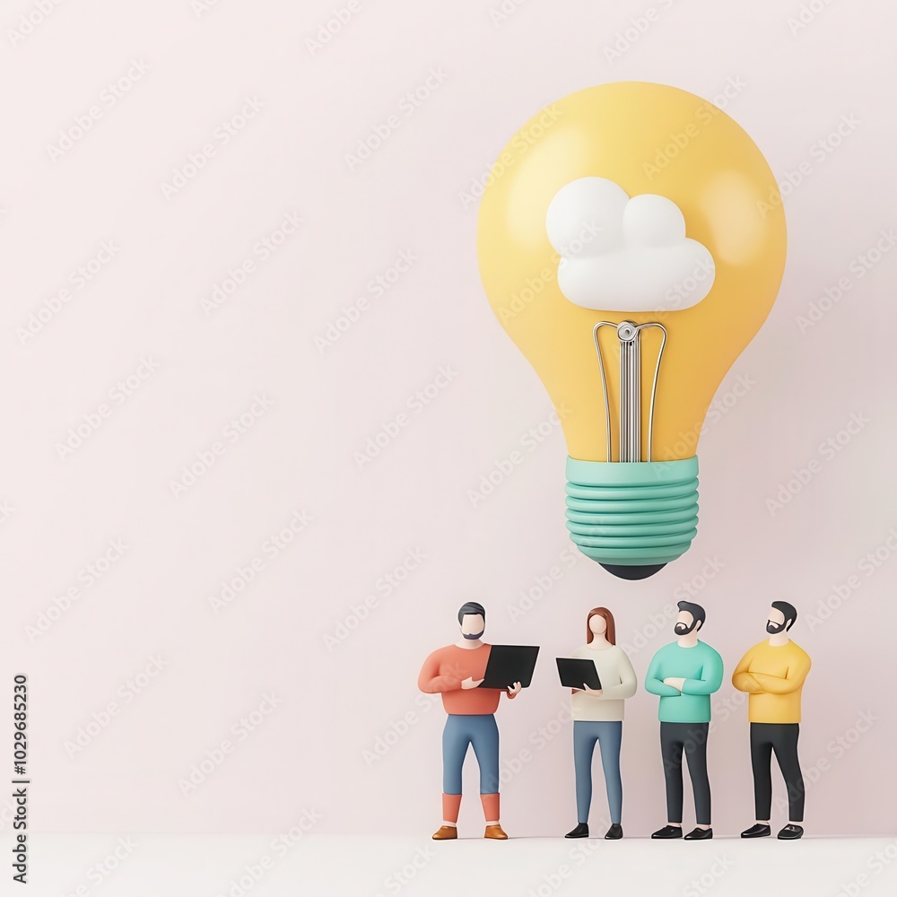 Poster a colorful scene depicting miniature figures discussing ideas under a large light bulb with a cloud 