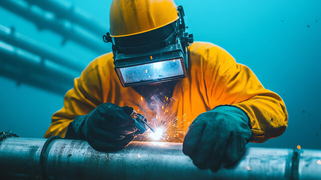 A professional diver welds underwater, showcasing advanced techniques and safety equipment, surrounded by the deep blue of the ocean.